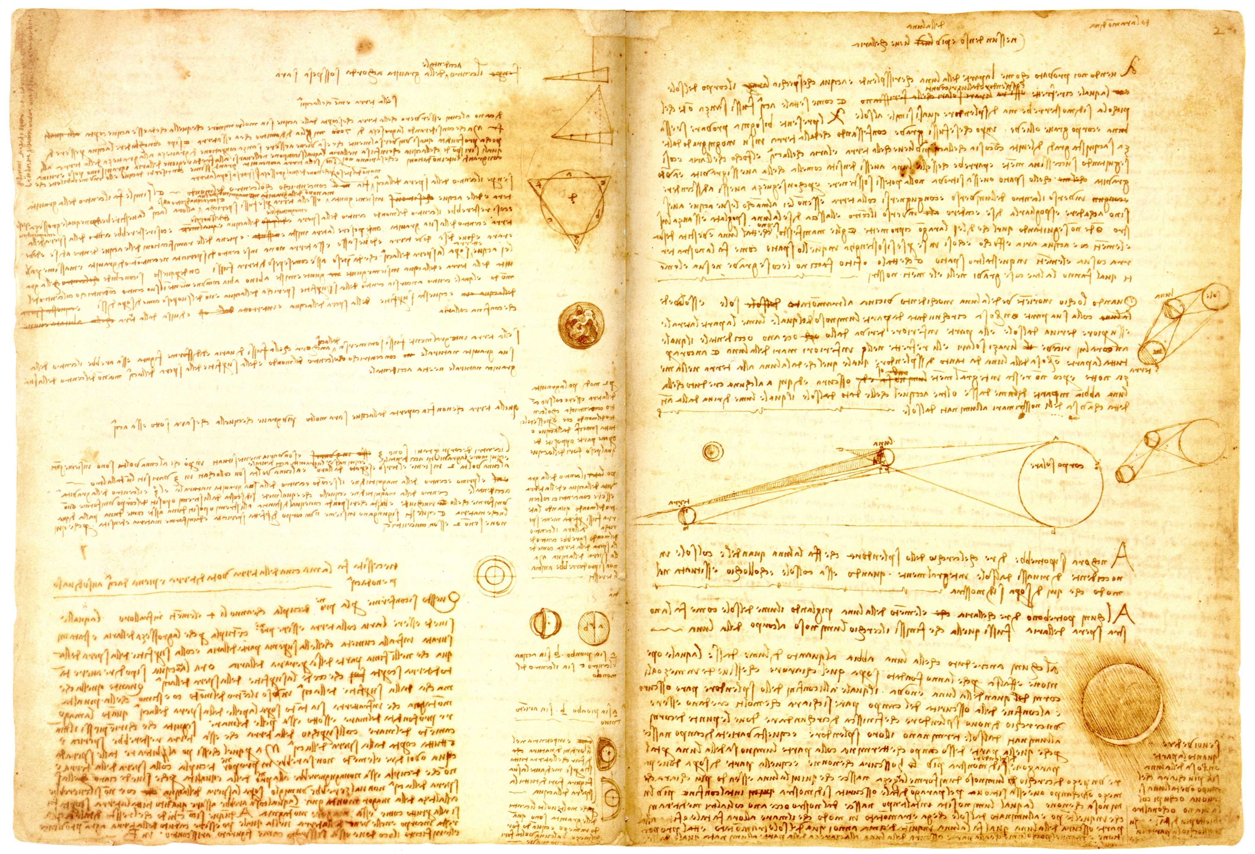 Two open pages from Leonardo da Vinci’s Codex Leicester with mirror writing and diagrams