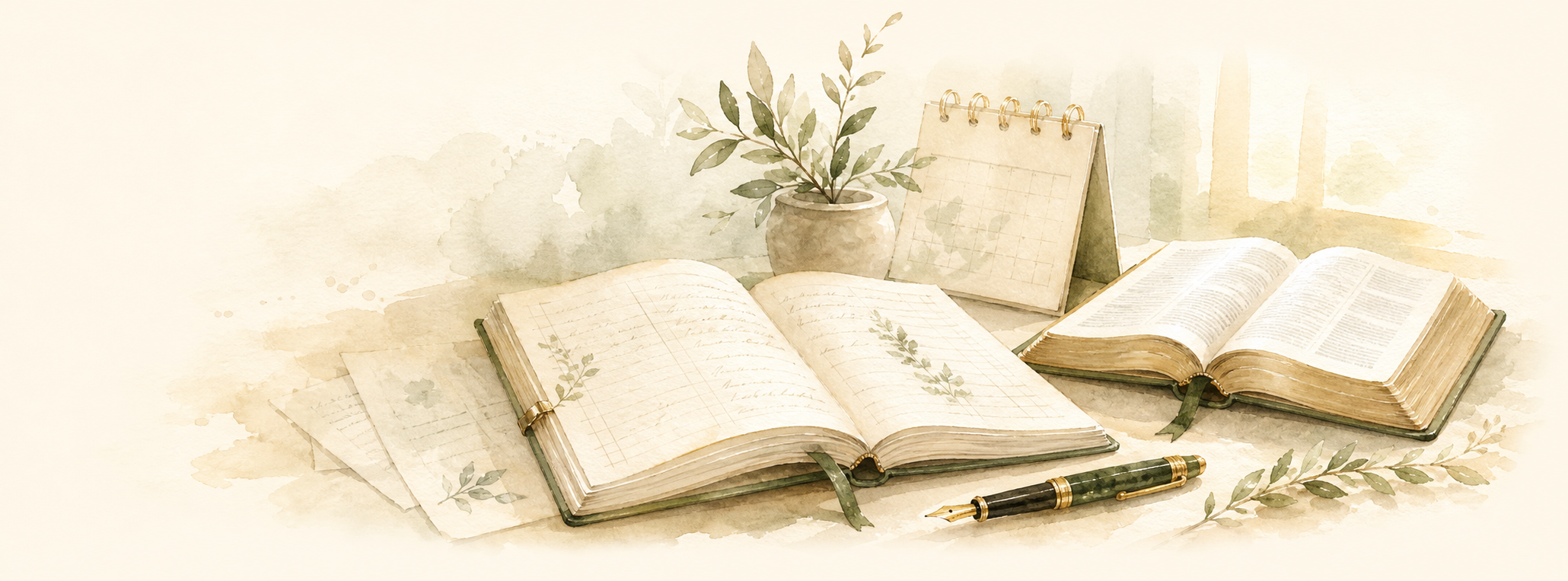 A watercolor still life of open books, a notebook, a calendar, and a fountain pen